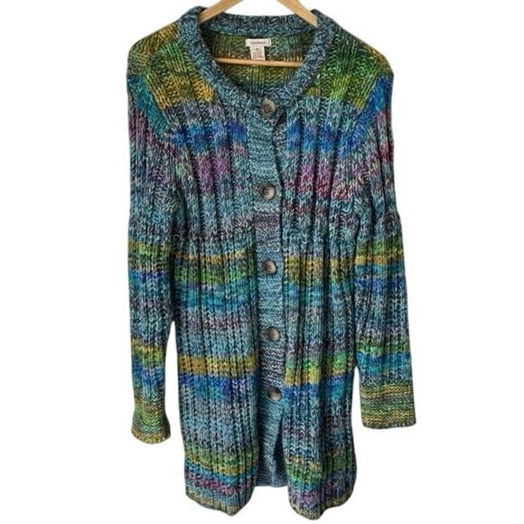 SUNDANCE Sweater Coat Rainbow Knit Pinebrook Long Cardigan Duster Wool Green M - Picture 1 of 4